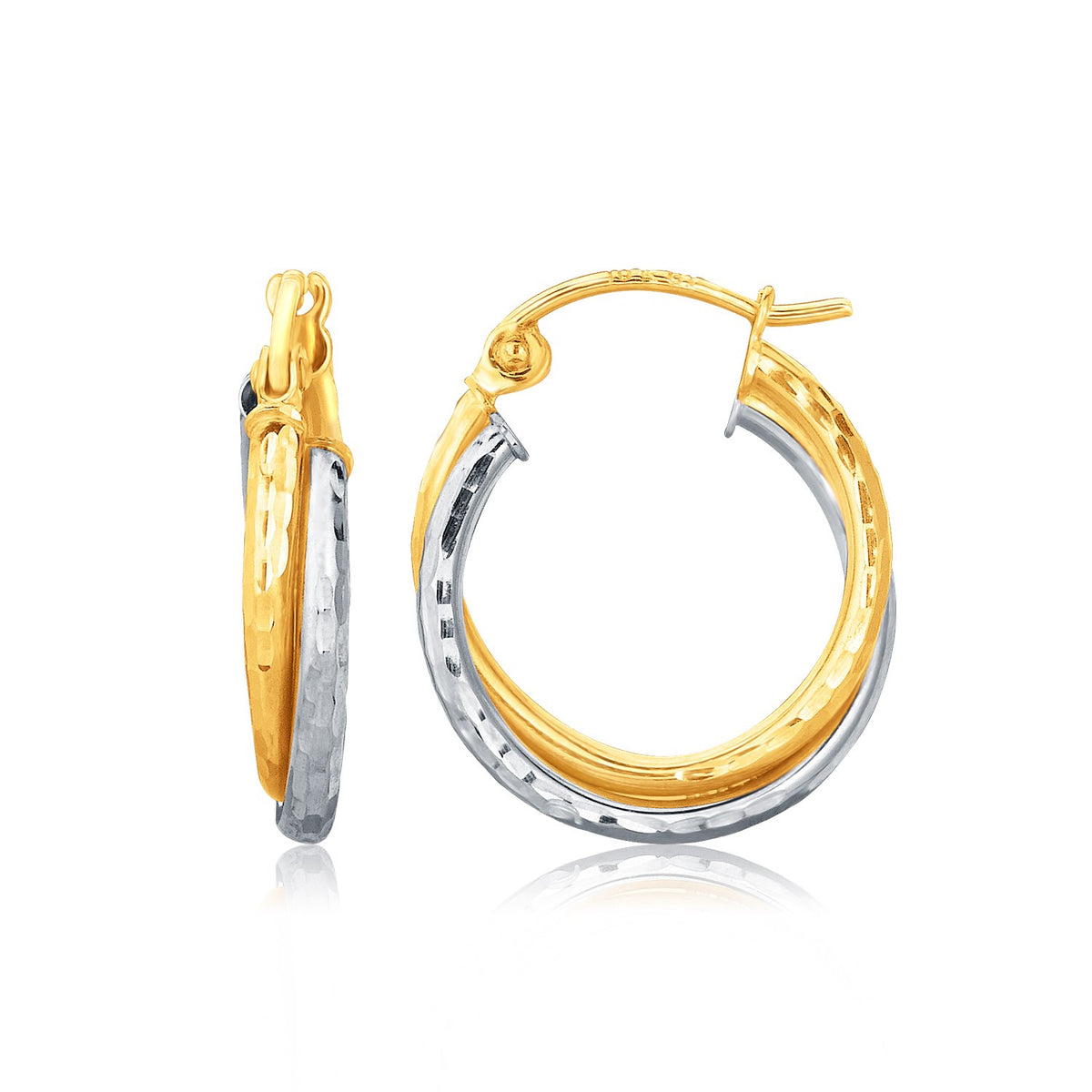14K Two-Tone Gold Hammered Twist Hoop Earrings