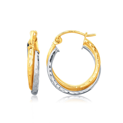 14K Two-Tone Gold Hammered Twist Hoop Earrings