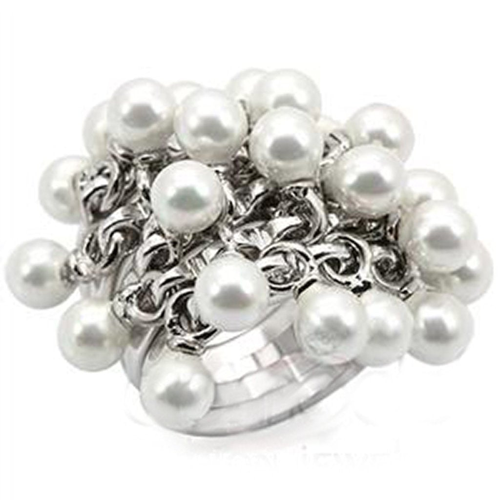Rhodium 925 Sterling Silver Ring with Synthetic Pearl in White