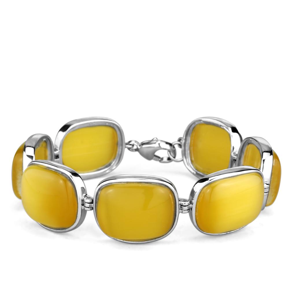 Rhodium 925 Sterling Silver Bracelet with Synthetic Cat Eye in Topaz