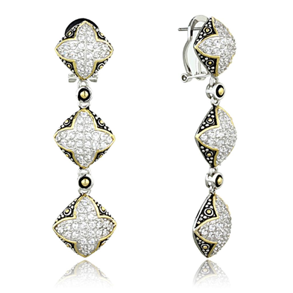 Reverse Two-Tone 925 Sterling Silver Earrings with AAA Grade CZ in Clear