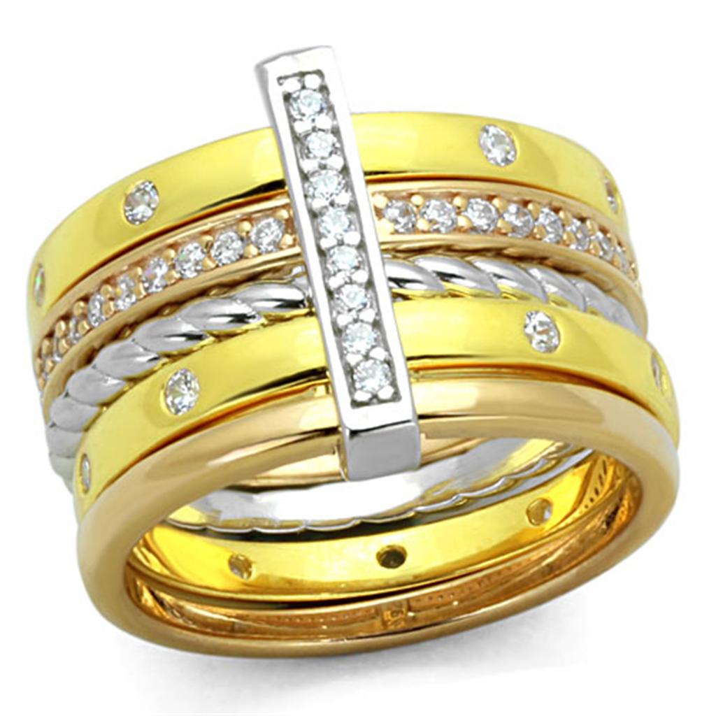Rhodium + Gold + Rose Gold 925 Sterling Silver Ring with AAA Grade CZ in Clear