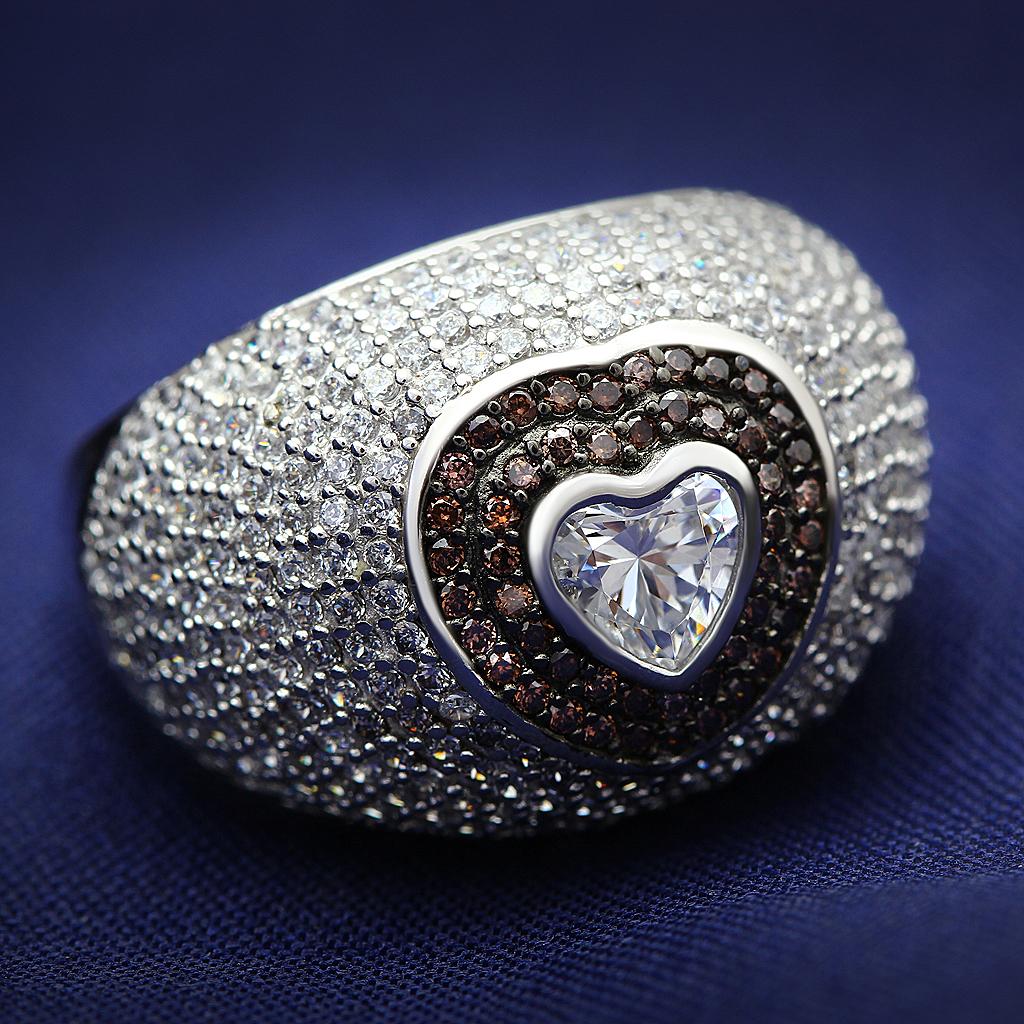 Rhodium + Ruthenium 925 Sterling Silver Ring with AAA Grade CZ in Brown