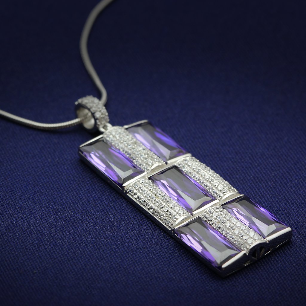 Rhodium 925 Sterling Silver Chain Pendant with AAA Grade CZ in Amethyst